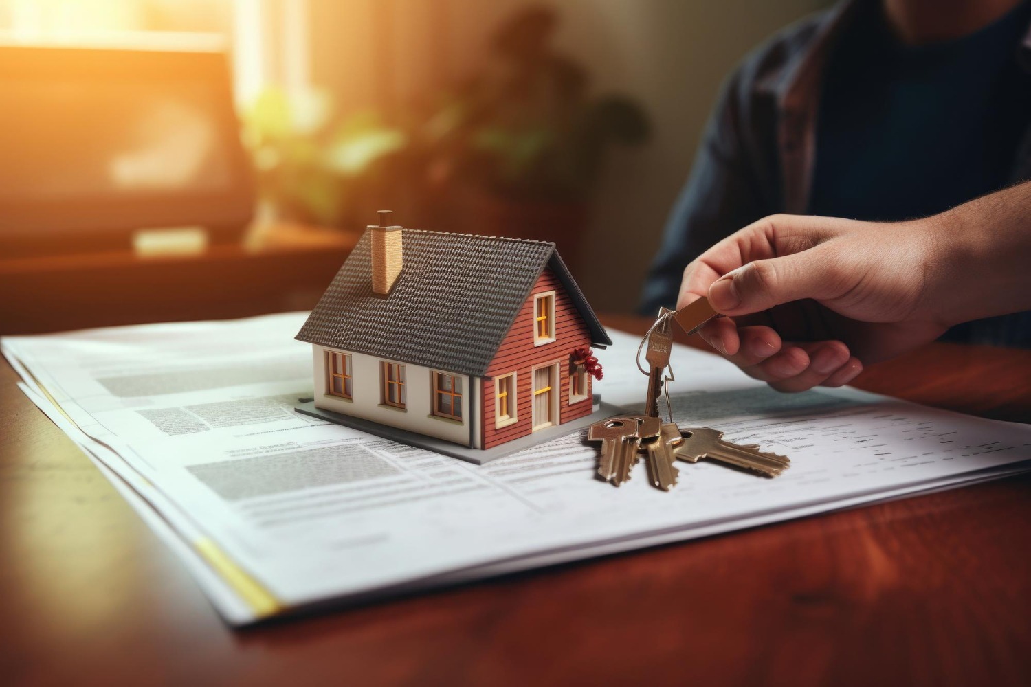Homeowner exploring HELOC financing with a house, mortgage documents, and home keys