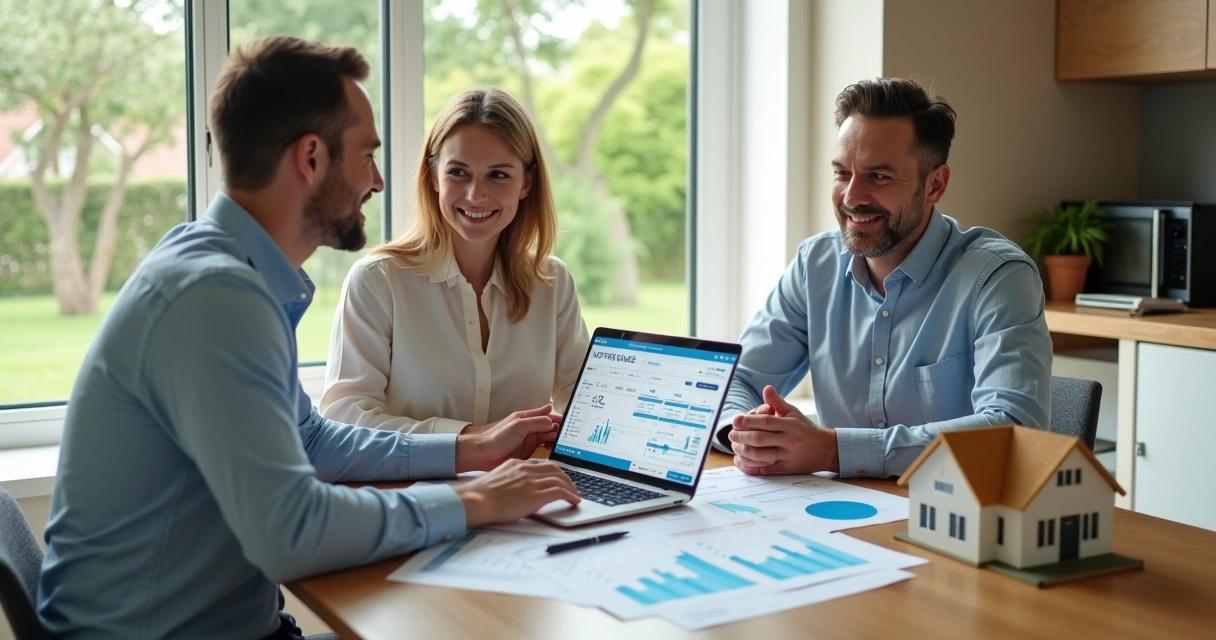 Homeowners meeting with a mortgage lender about refinancing
