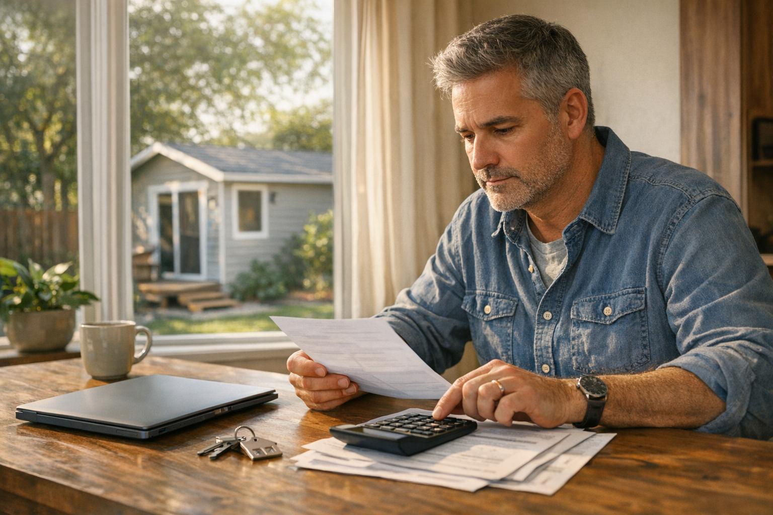 Home equity loan financial planning with a calculator, house keys, and mortgage documents.